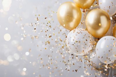 Gold and silver balloons and confetti