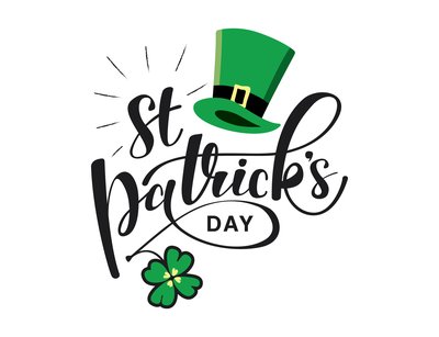 St Patrick’s Day text with shamrock and hat