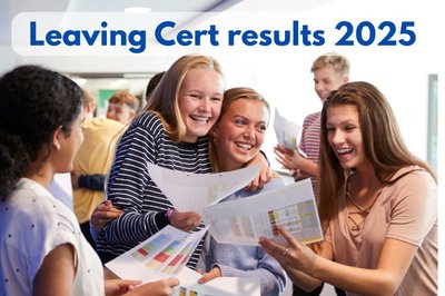 Students celebrating with papers in hand. Text reads "Leaving Certificate results 2025".