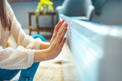 Woman warms her hands near a radiator