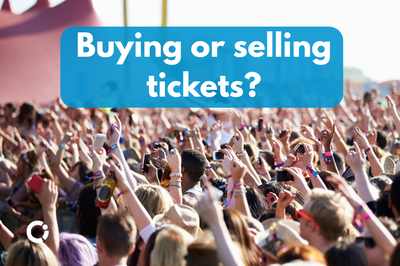 Concert crowd. Overlay text reads "Buying or selling tickets?"