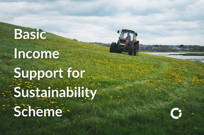 Basic Income Support for Sustainability Scheme for farmers. Tractor in field.