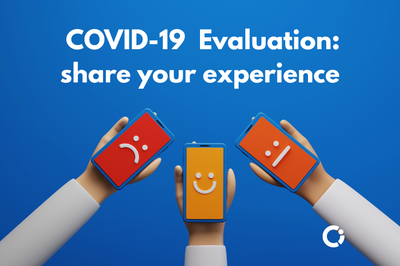 3 arms hold out mobile phones showing different smiley face emojis: sad, happy,  now expression. Overlay text reads “COVID-19 Evaluation: share your experience”