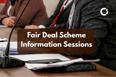 Person at desk with documents in front of them. Text reads "Fair Deal information sessions".