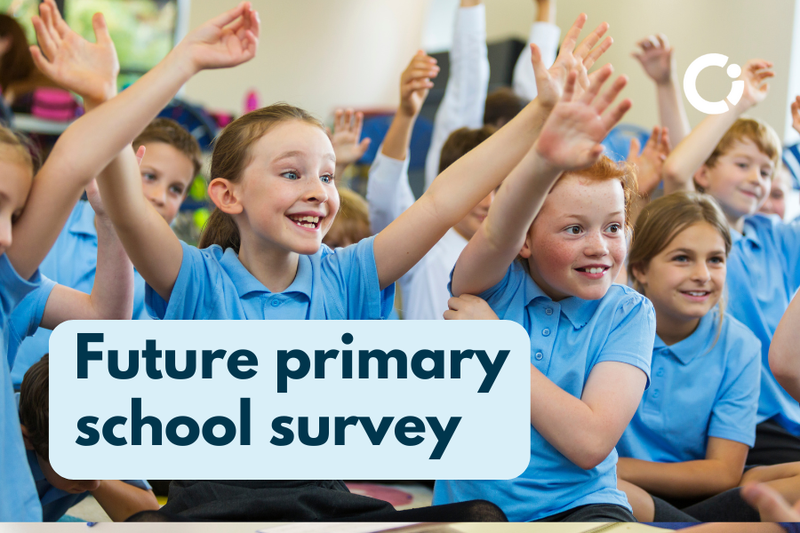 Young boys and girls raise their hands in class. Text reads: "Future primary school survey"