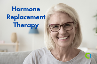 Hormone Replacement Therapy. Woman wearing glasses looks out.
