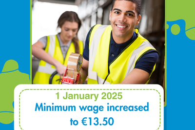 2 workers with message 1 January 2025 minimum wage increased to €13.50