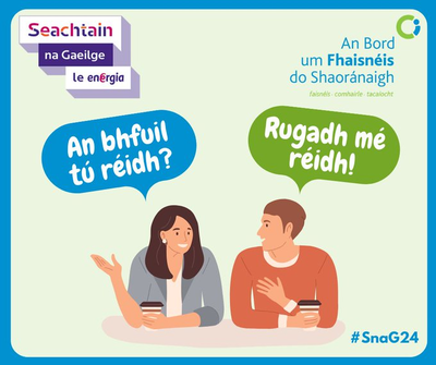 Two people asking each other if they are ready for Seachtain na Gaeilge.