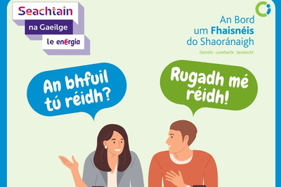 Image with Seahctain na Gaeilge and Citizens Information logo. two people asking 'are you ready' in Irish