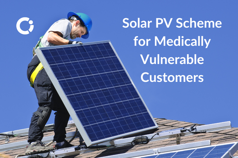 Worker on roof installing a solar panel. Text reads: "Solar PV Scheme for Medically Vulnerable Customers".