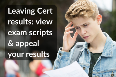 Student looking at results. Text reads: "Leaving Cert results: view exam scripts & appeal your results"