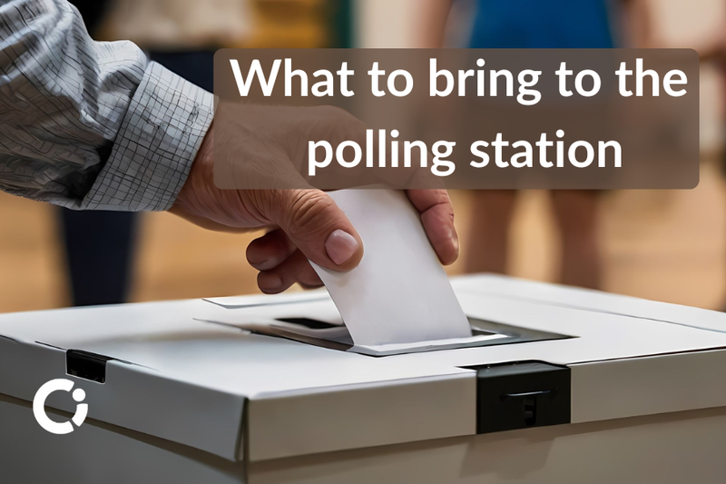Hand putting vote into the voting box.  Text reads "What to bring to the polling station"