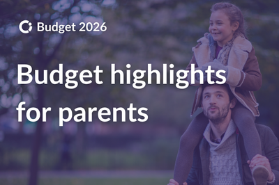 Parent with child on their shoulder. Text reads “Budget highlights for parents”.