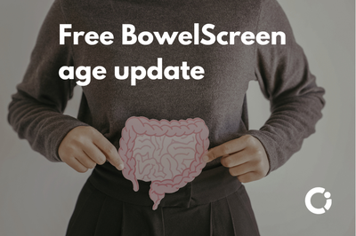 Woman holds drawing of bowel in front of her. Text reads "Free BowelScreen age update".