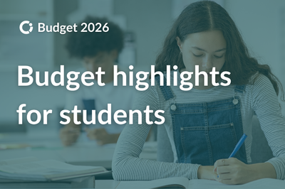 Woman student in dungarees takes notes at lecture. Text reads "Budget highlights for students"