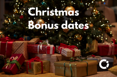 Christmas tree with presents underneath the tree. Text reads "Christmas Bonus dates".