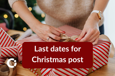Woman ties a ribbon bow on a Christmas parcel. Text reads: "Last dates for Christmas post"
