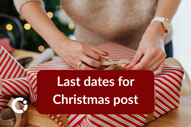 Woman ties a ribbon bow on a Christmas parcel. Text reads: "Last dates for Christmas post"