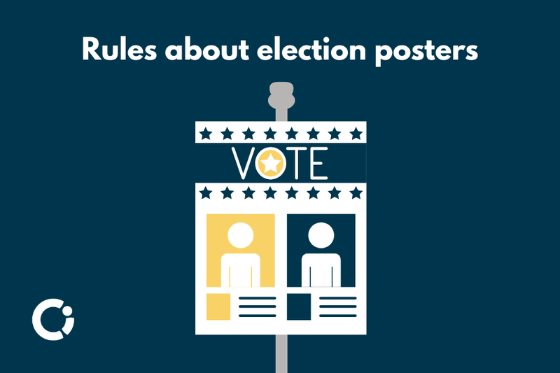 Graphic of poster sign on a pole. Text reads: “Rules about election posters”