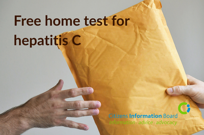 A hand passing an envelope to another hand. Text reads: "Free home test for hepatitis C"