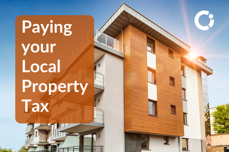Apartment block. Text reads: "Paying your Local Property Tax".