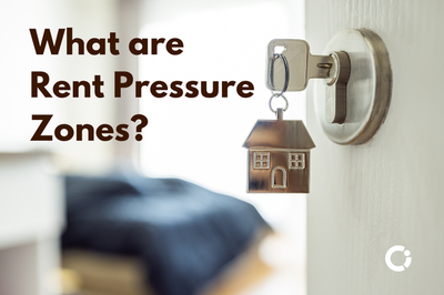 Key in door bedroom behind. Overlay text reads: 'what are Rent Pressure Zones?'