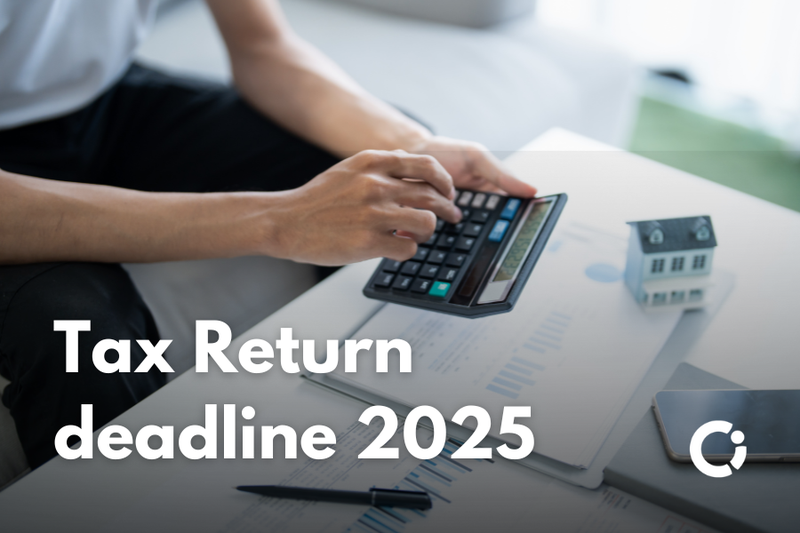 Woman using calculator at her desk. Text reads "Tax Return deadline 2025".