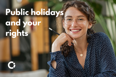 Young woman sits at her desk. Overlay text reads: "Public holidays and your rights".
