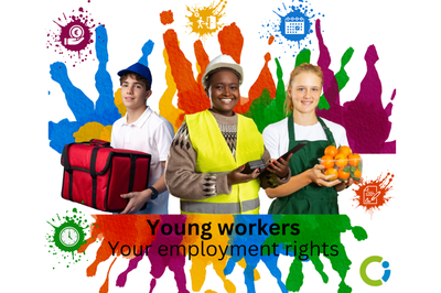 3 young workers with text: young workers your employment rights